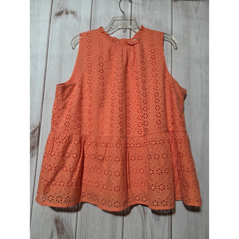 Loft Womens Orange Eyelet Ruffle Neck Tiered Peplum Top XL Sleeveless