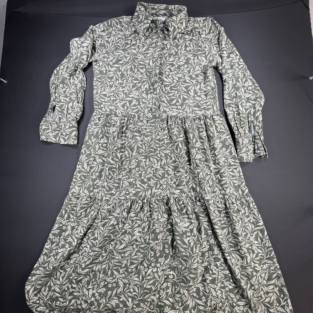 H&M XS Green Floral Botanical Midi Shirt Dress Tiered Long Sleeve Collared Boho