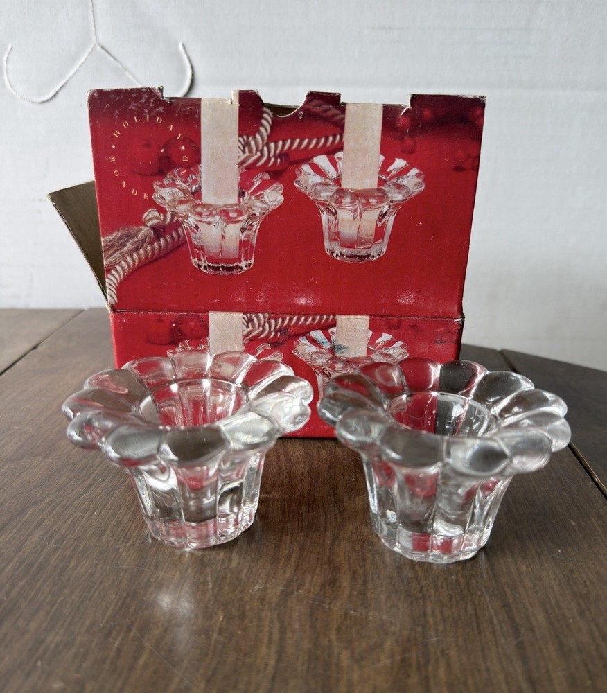 Vintage Bali Glass Votive Candle Holders Set of 2 w/ Box 3” Clear Holiday Decor