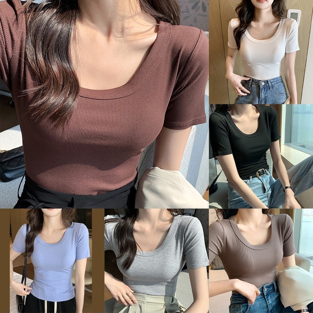 U-Neck for Slim Fit Short Sleeve T-Shirt for Women Stretch Solid Color Top