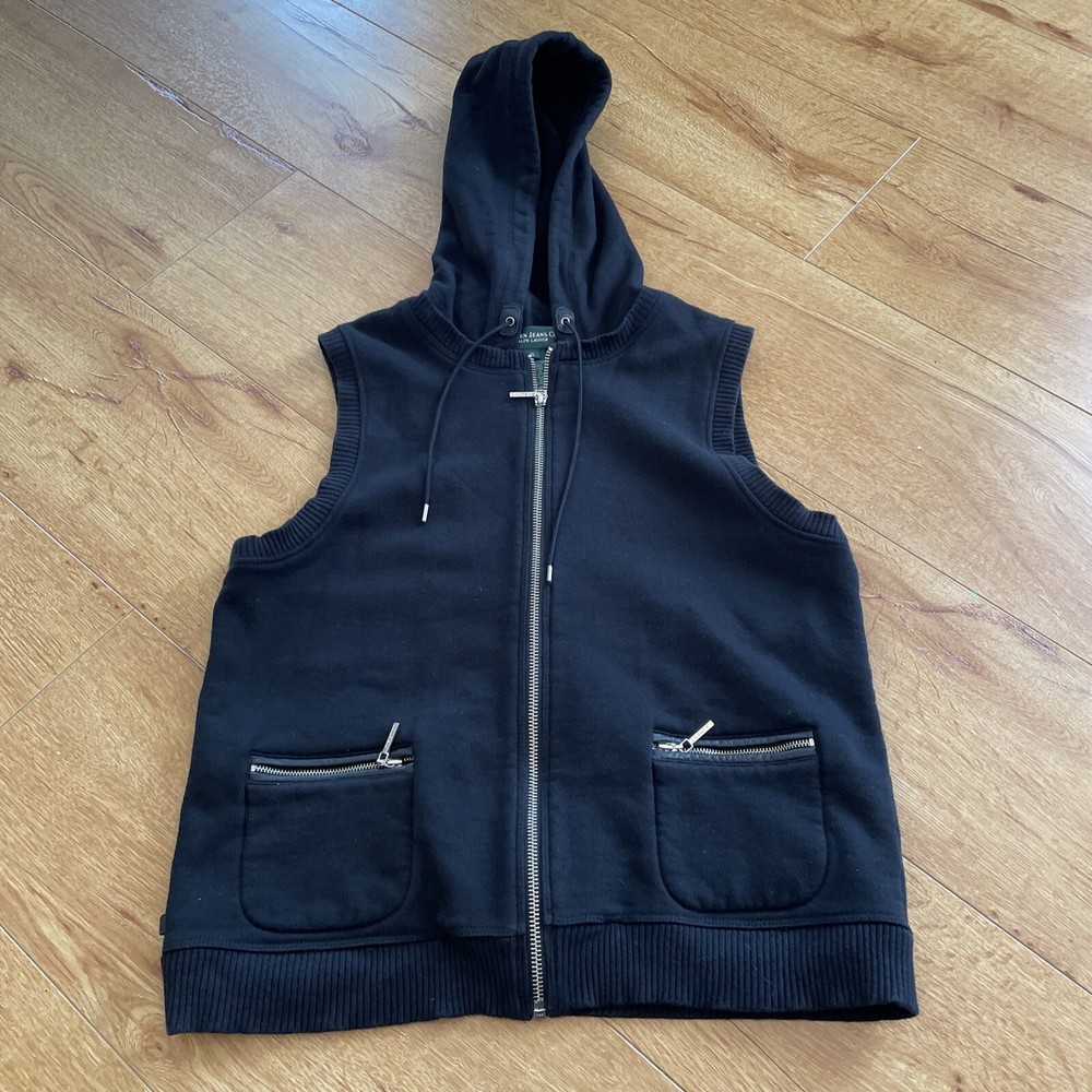VTG Ralph Lauren Black Cotton Hooded Zip Vest from LAUREN JEANS Co Y2K Grunge Era