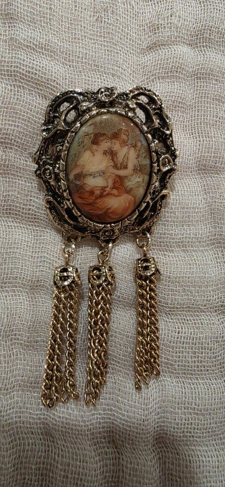 Vintage Brooch Portrait Gold Tone with Chain Tassels 2 Ladies