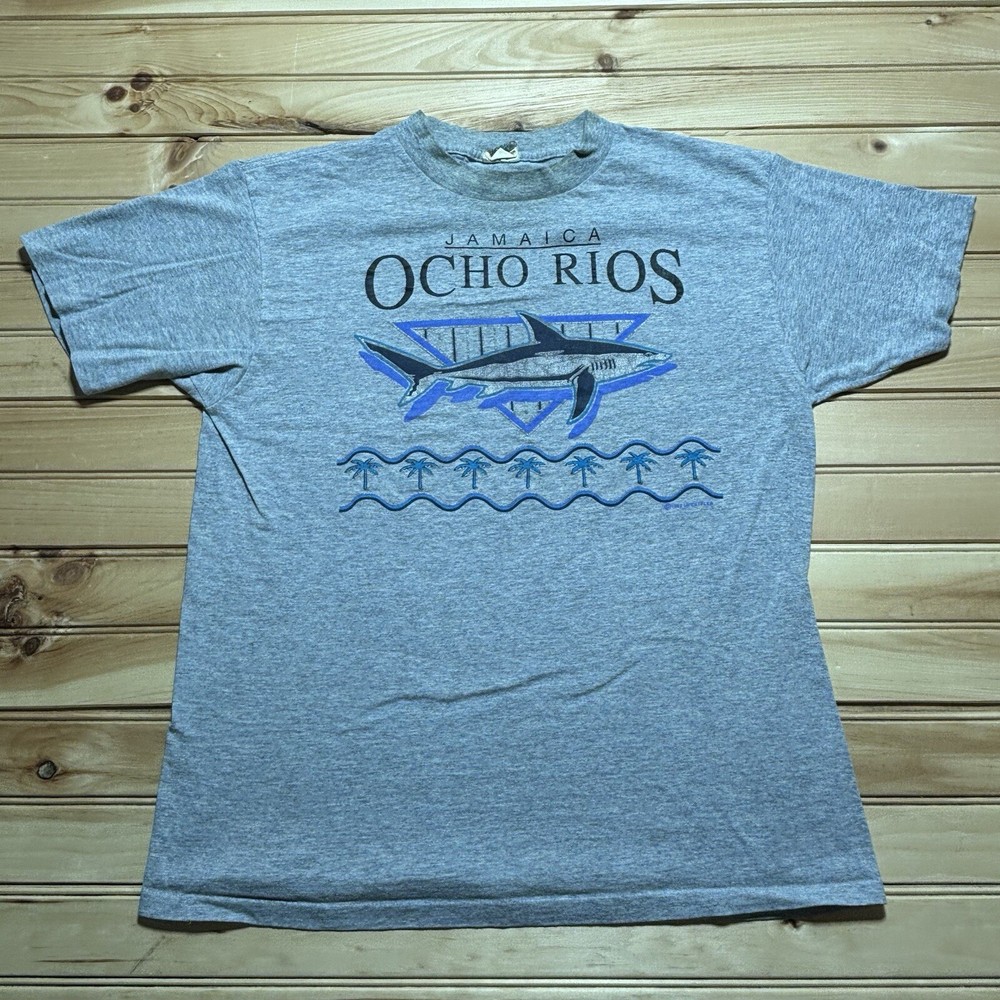 Vintage 90s Ocho Rios Jamaica Tropical Great White Shark Beach Shirt Size Large