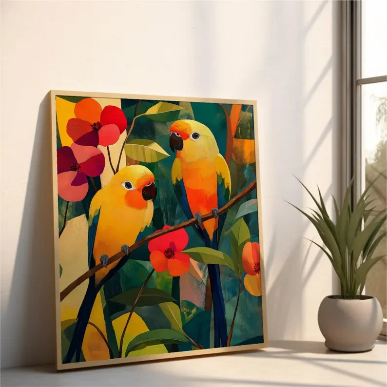 Floral Parakeet Art Print Vibrant Botanical Bird Poster Modern Nature Wall Decor