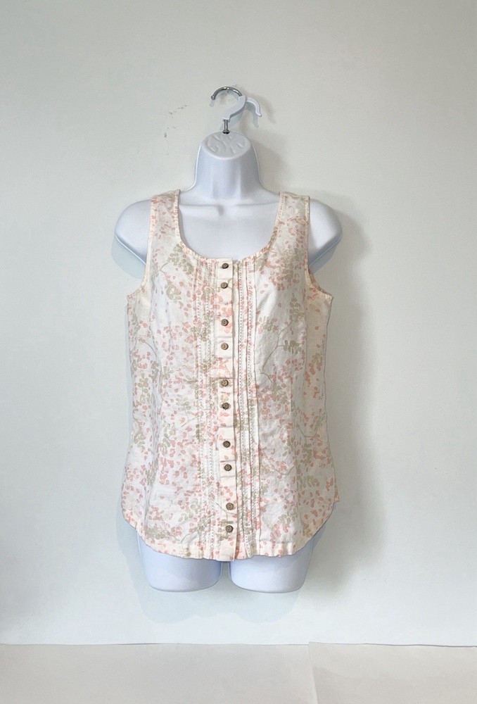 Women’s Eddie Bauer Tank Top Size Medium White Pink Floral Designs Buttons