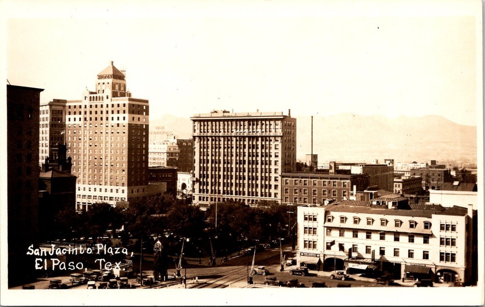 El Paso Texas San Jacinto Plaza Mills Building Hilton Hotel RPPC Postcard  30645