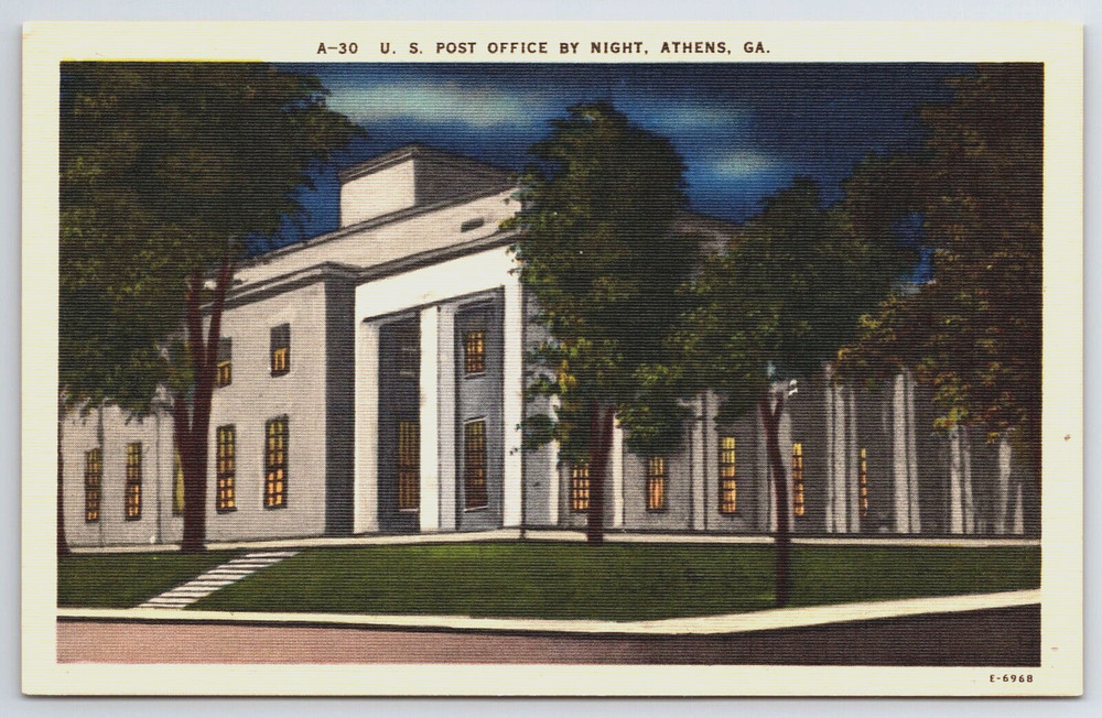 Vintage Postcard GA Georgia Athens U.S. Post Office Night View -3272