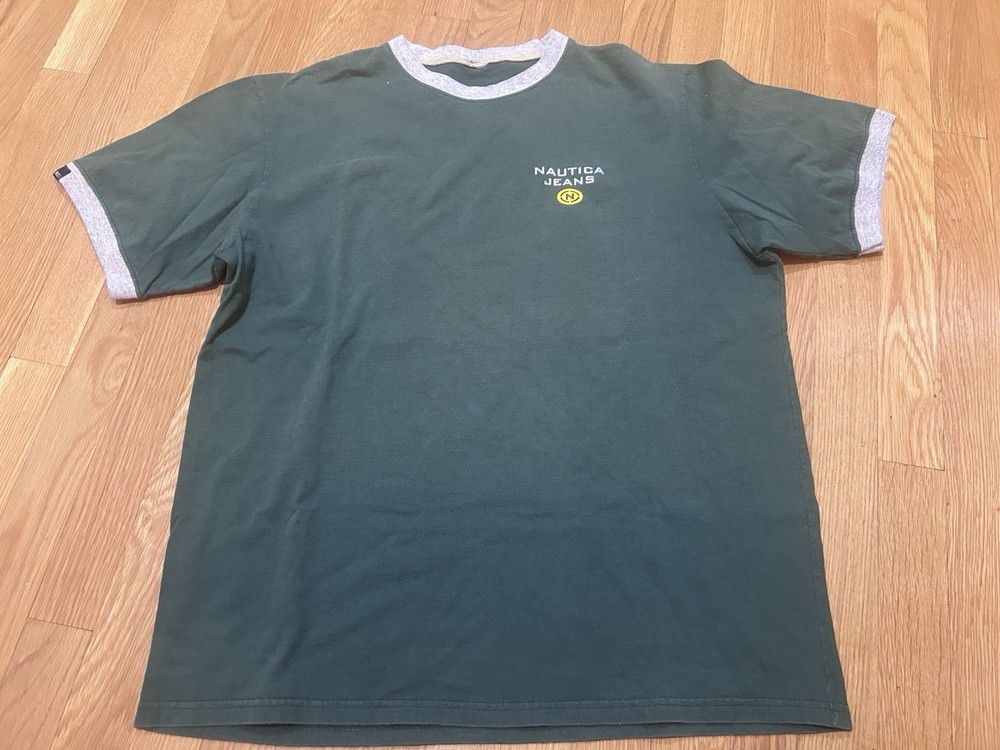 Nautical Jeans Y2k Green Gray Ringer Tee Shirt Men’s Medium