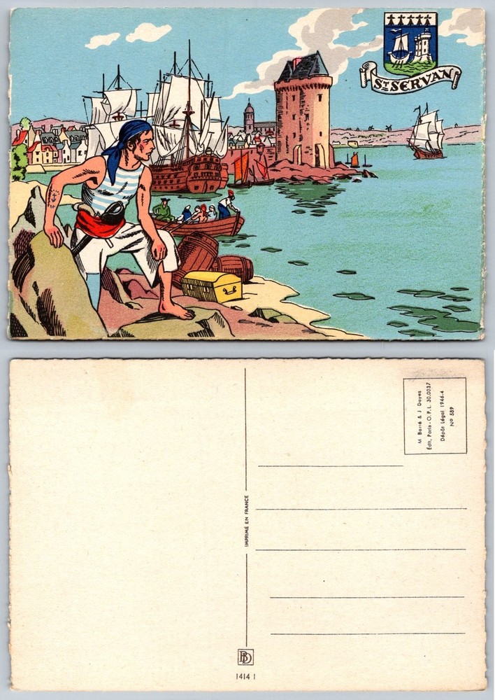 Vintage St-Servan France Postcard 1946 Pirate Sailing Ships Tour Solidor Art