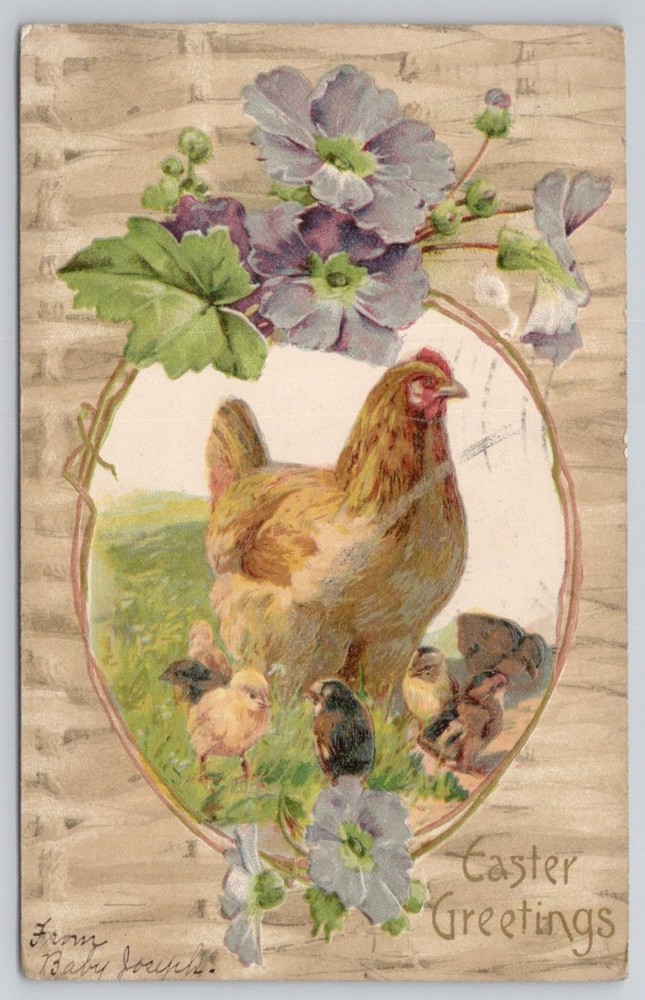 1907 Easter Greetings Postcard Hen & Chicks Philadelphia PA Postmark Embossed
