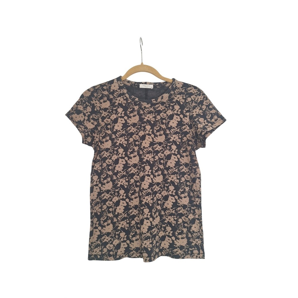 Rag and Bone Top Womens Medium Crew Neck Short Sleeve Tan Black floral Shirt