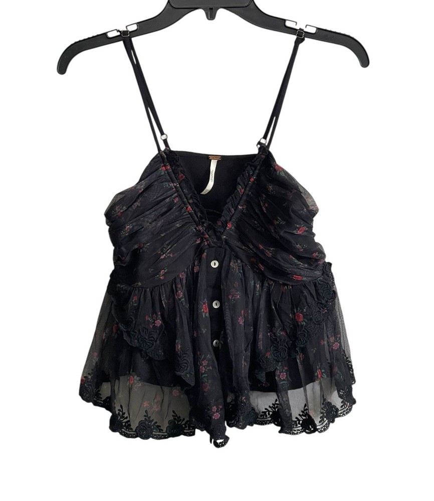 Free People XS Cami Tank Black Floral Mesh Ruffle Button Whimsigoth Fairygrunge