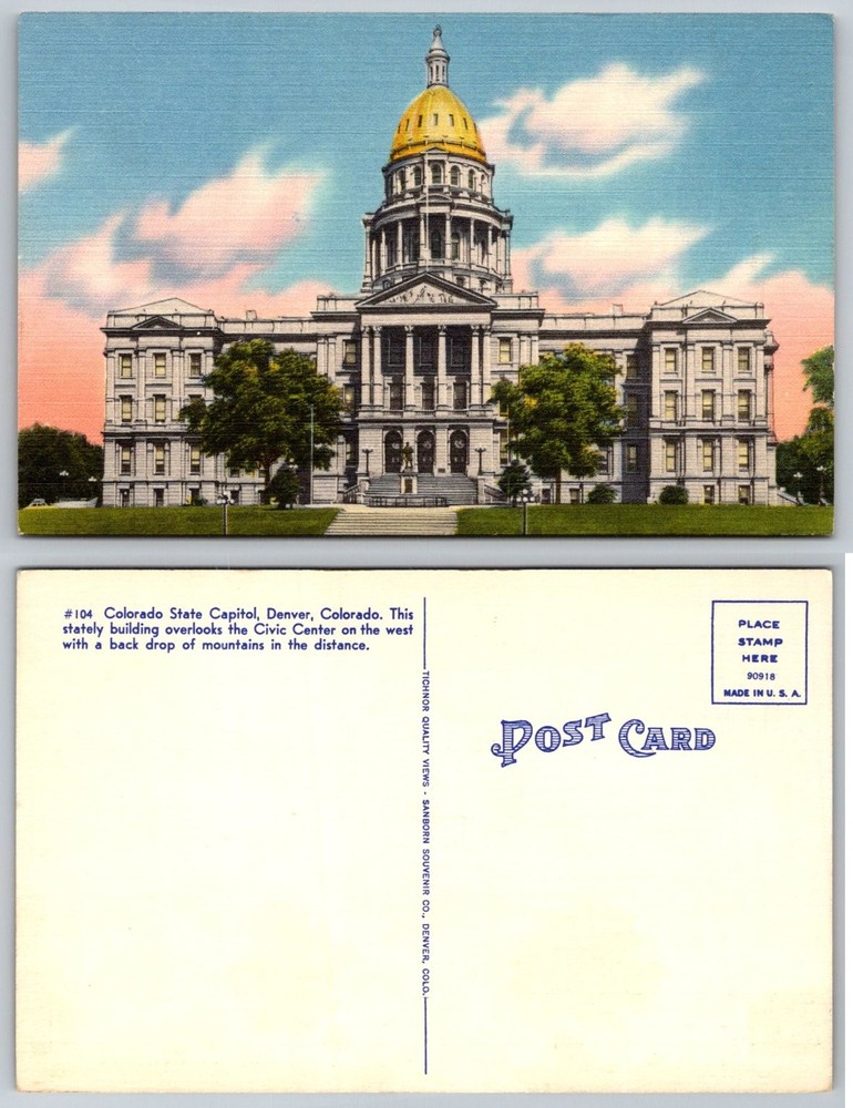 Vintage Linen Postcard Colorado State Capitol Denver CO Golden Dome Tichnor