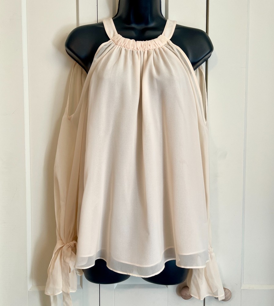 BCBG Max Azria Ivory Silk Fatima Cold Shoulder Halter Top Women's- S