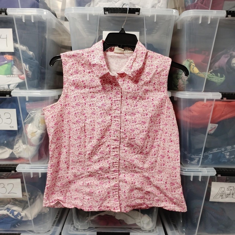 Faded Glory Stretch  Sleeveless Polka Dot Button Up Blouse Xl Fits Small A302ed
