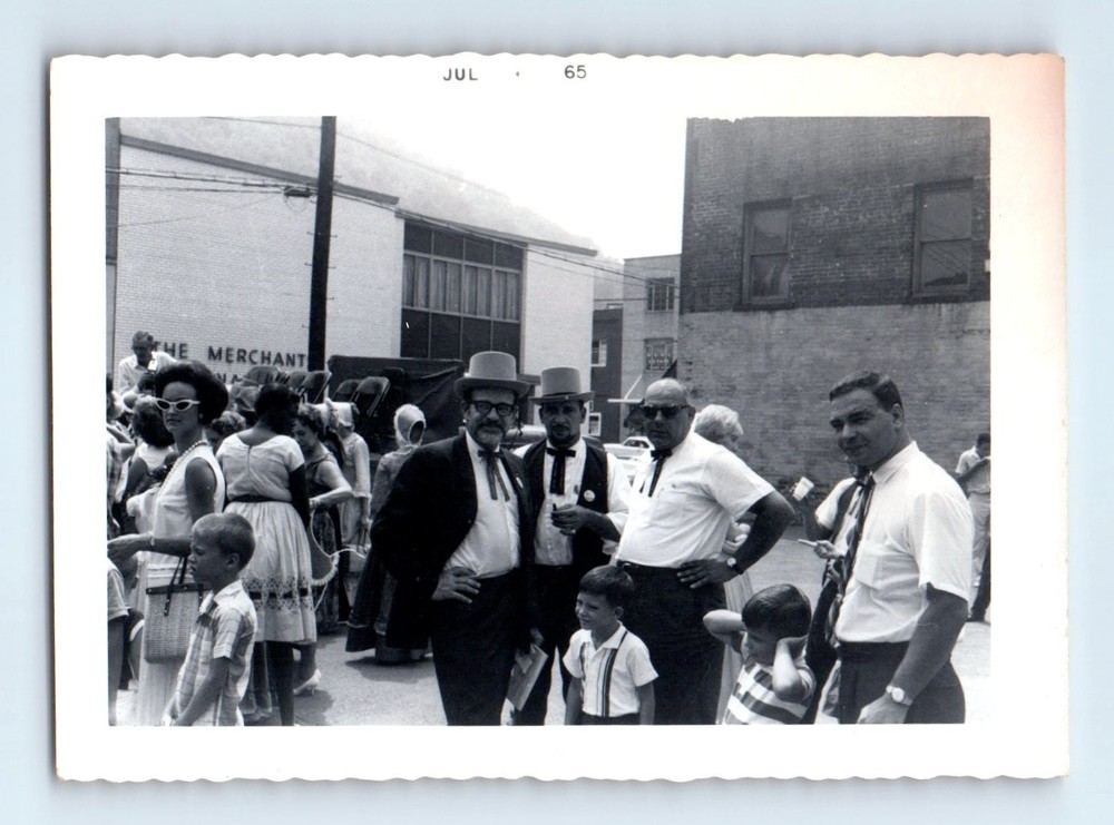 Old Vintage Photo MEN WOMEN BOYS STREET SCENE BUILDINGS TOP HAT 1965