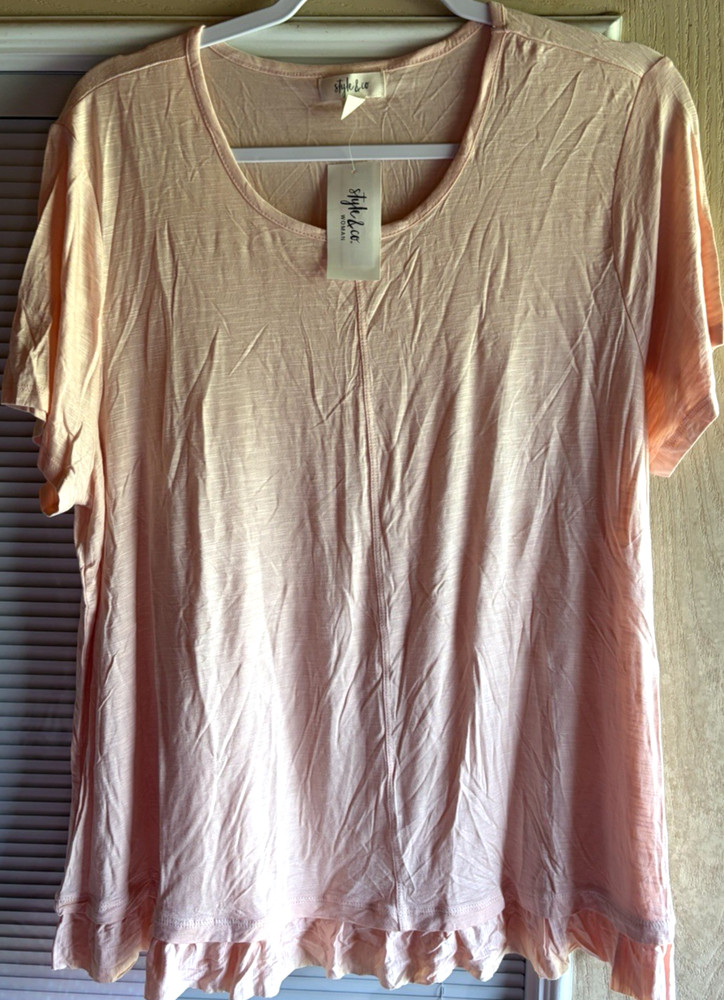 Style & Co Short Sleeve T-Shirt With Ruffle Hem Petal 1X New with Tags