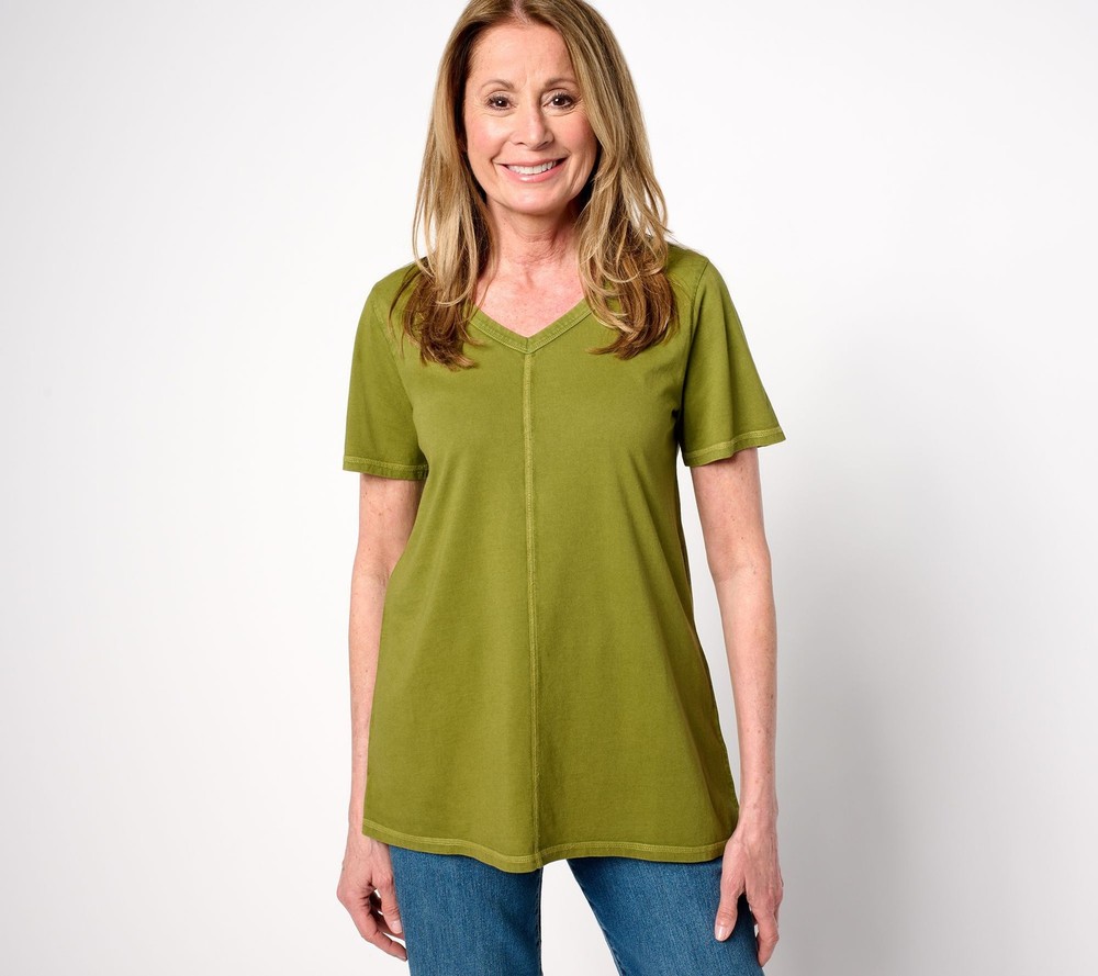LOGO by Lori Goldstein Women's Top Sz L Knit Tee Seam Detail Green A683849