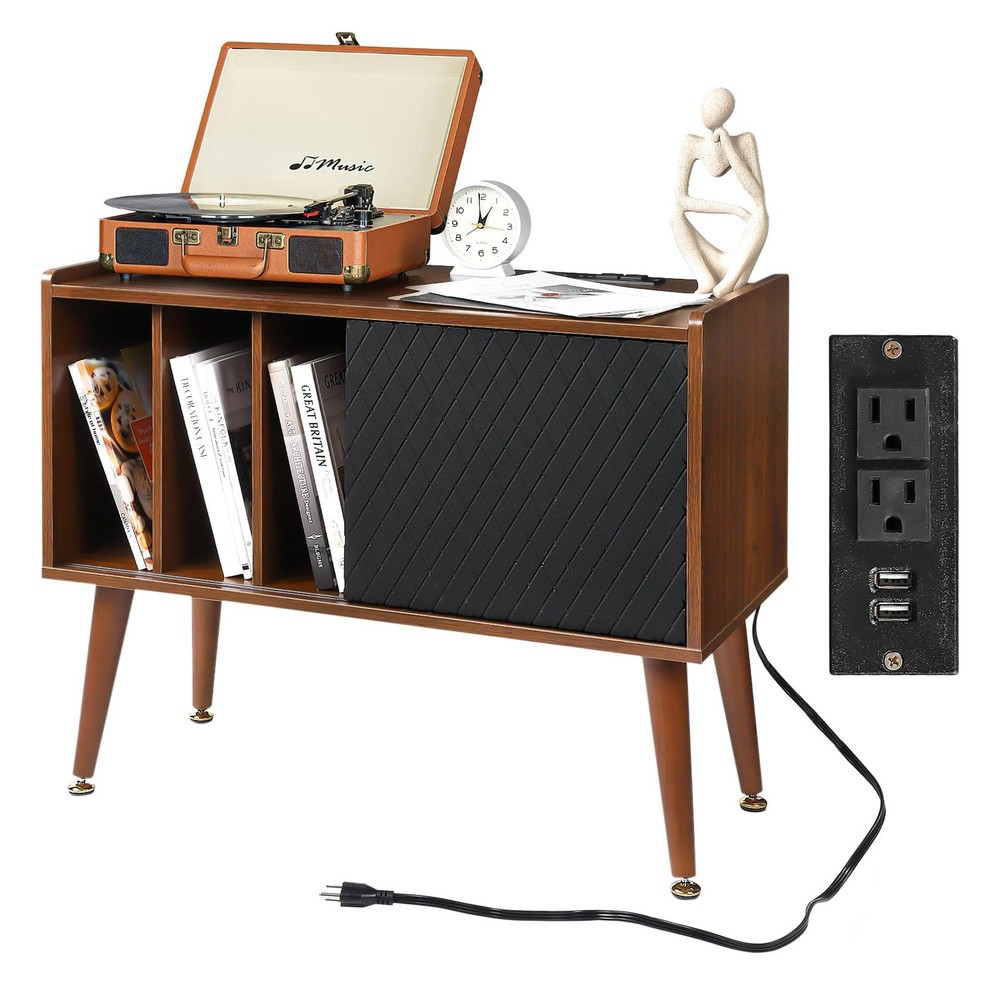 Vintage Record Player Stand with Built-in Charging & Vinyl Storage