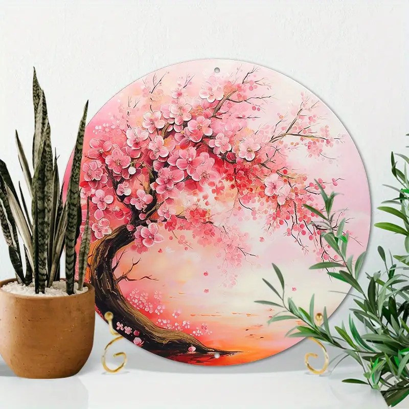 Vintage Cherry Blossom Sakura Tree Pink White Round Aluminum Metal Wall Art
