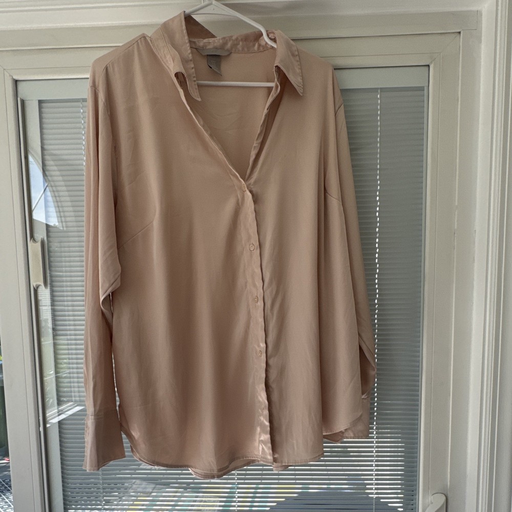 H&M Women's Satin Collared Button-Up Blouse Beige Long Sleeve XL