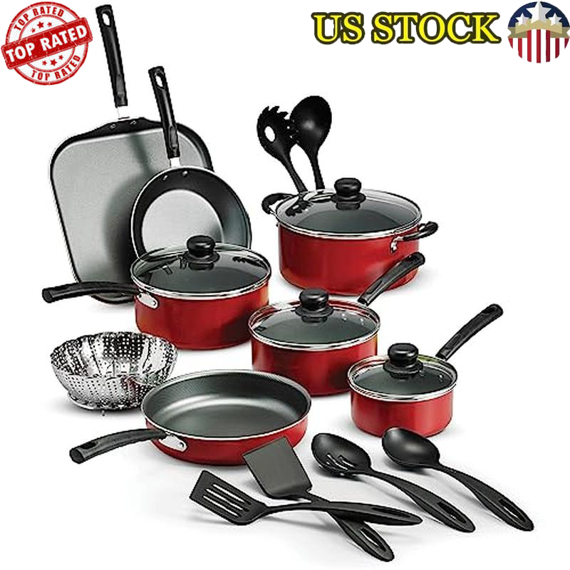 Nonstick Cookware Set 18 Piece Aluminum Dishwasher Safe Compatible Cooktops New