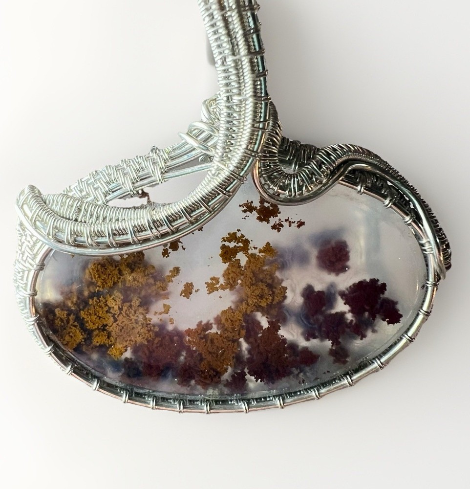 Sterling Silver 925 Hand Wrapped Moss Agate Pendant Necklace 20