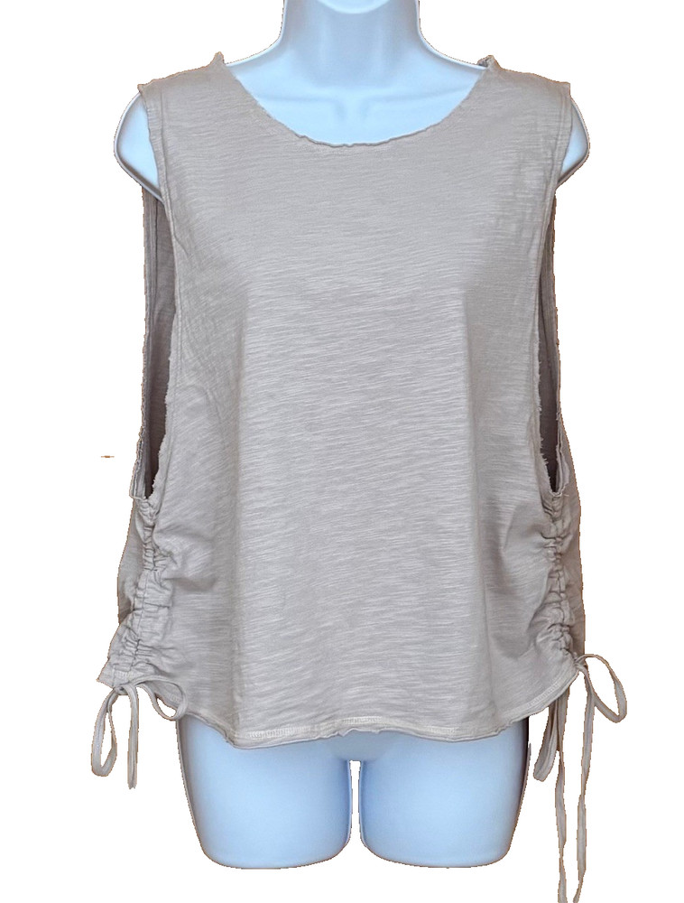 NWT SHEIN Womens L Loose Muscle Tank Rushed Side Tie Raw Hem Festival Boho Tan