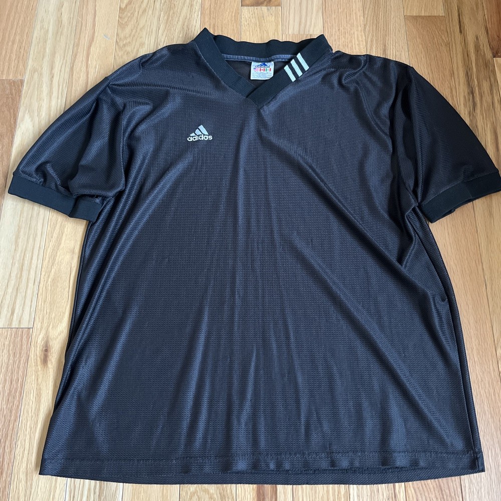 Vintage Adidas V Neck Shirt Mesh Jersey Mens Black Size Medium Stripes Polyester