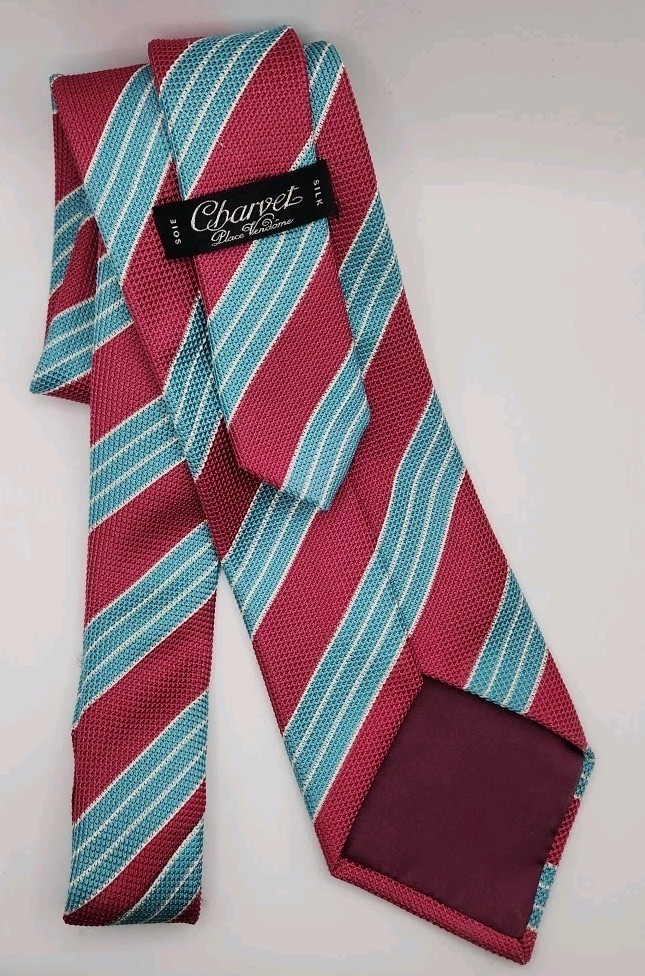 Charvet Place Vendome Multicolor Repp Tie Fuchsia Pink Light Blue White 3.50 W