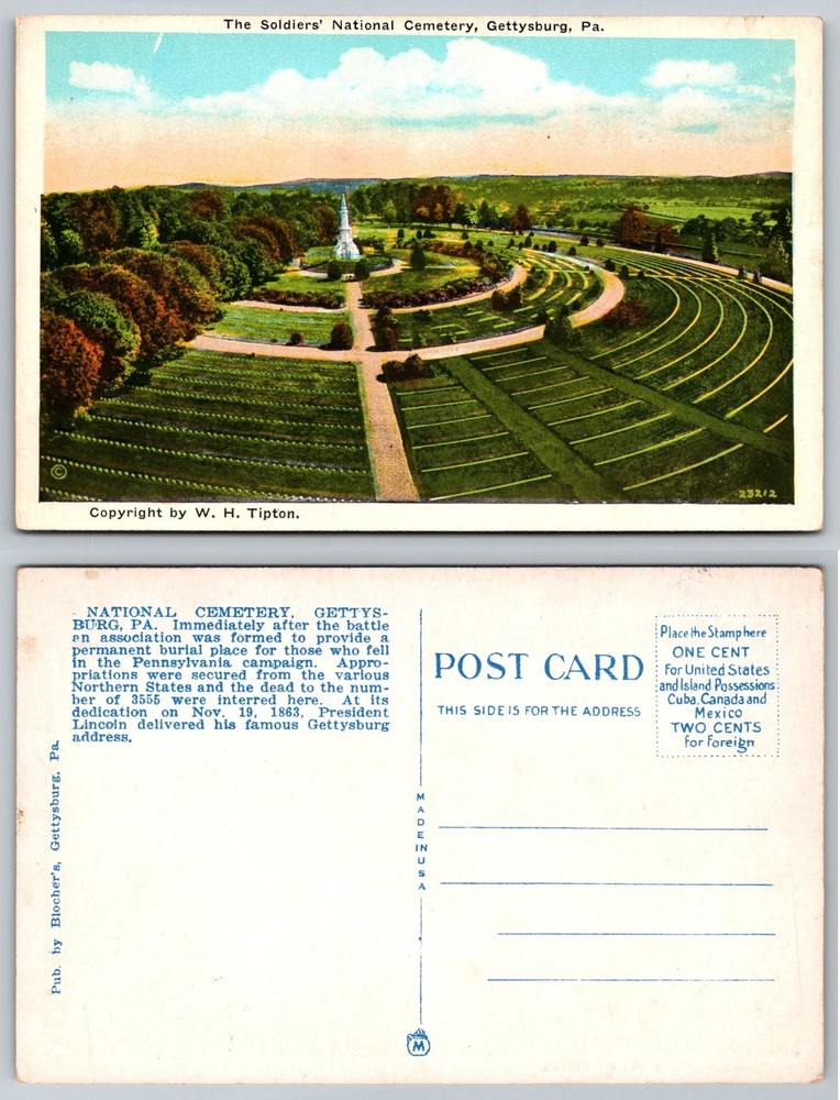 Gettysburg PA Soldiers' National Cemetery Monument Postcard Tipton Blocher's