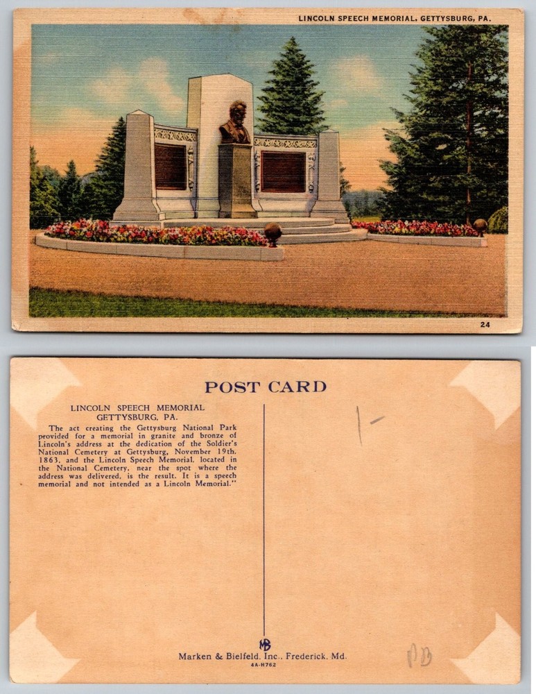 Lincoln Speech Memorial Gettysburg PA Postcard Vintage Linen Era