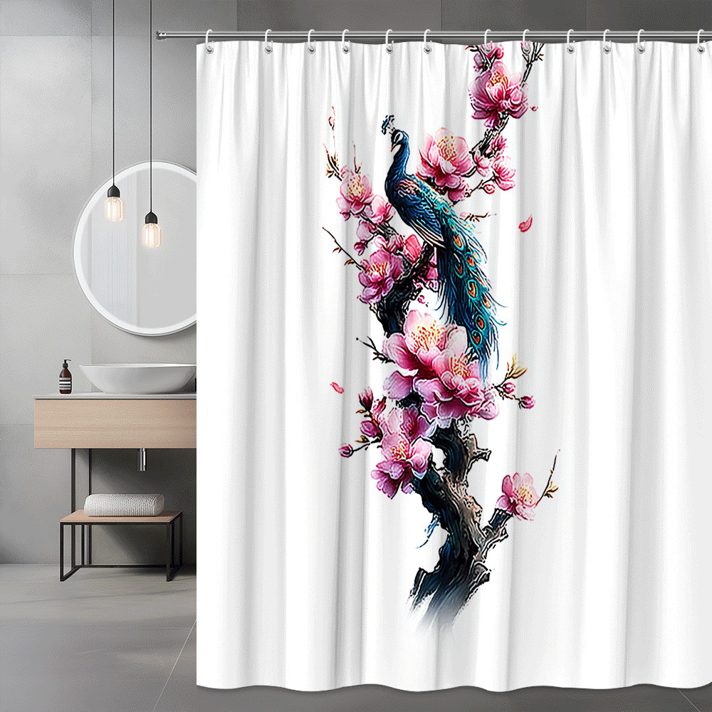 Peacock and Cherry Blossom Shower Curtain Floral Print