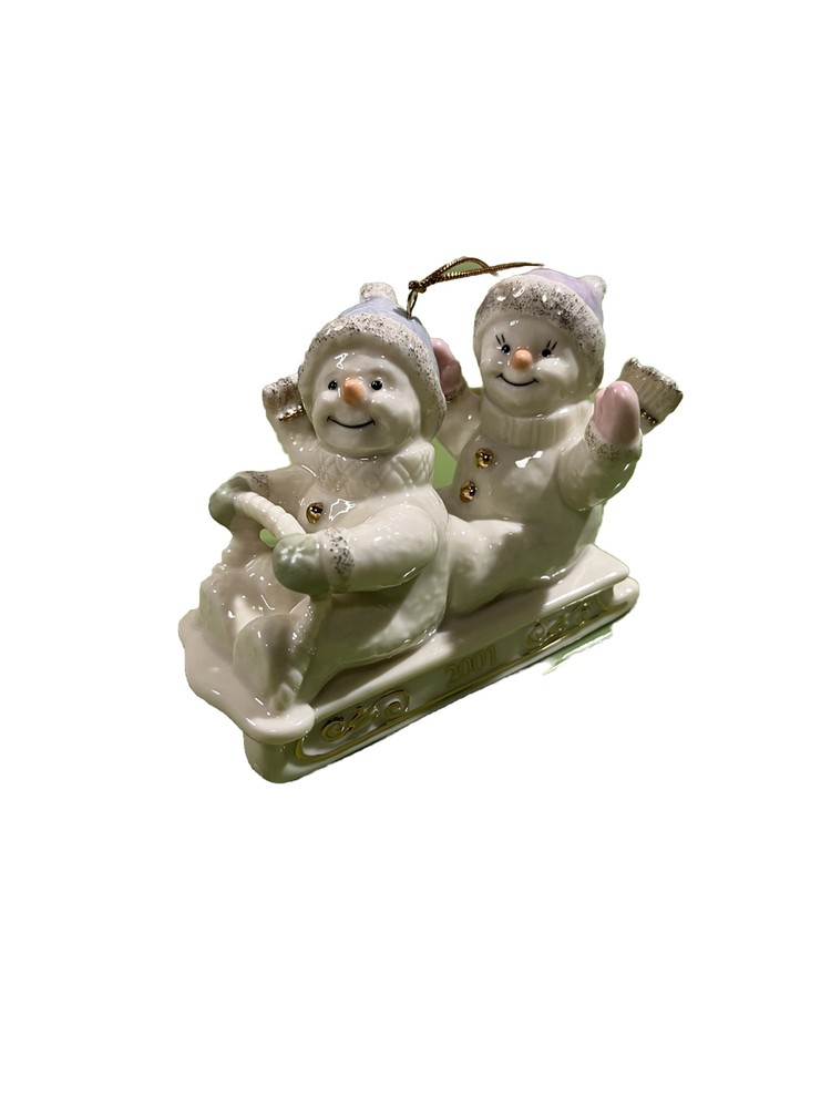 2001 Lenox Snowpals Sledding Snowman Ornament with 24K Gold Accents-image