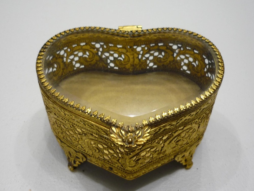 Vintage filagree brass beveled glass jewelry casket box heart 5