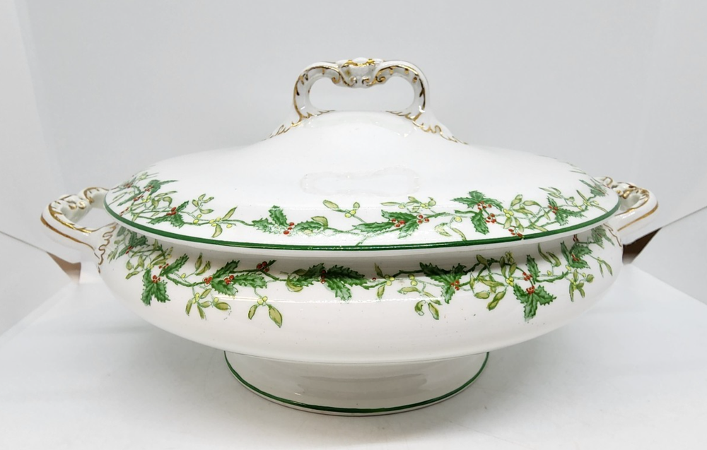 Antique John Maddock & Sons Jeweled Holly Berry Mistletoe Christmas Covered Dish