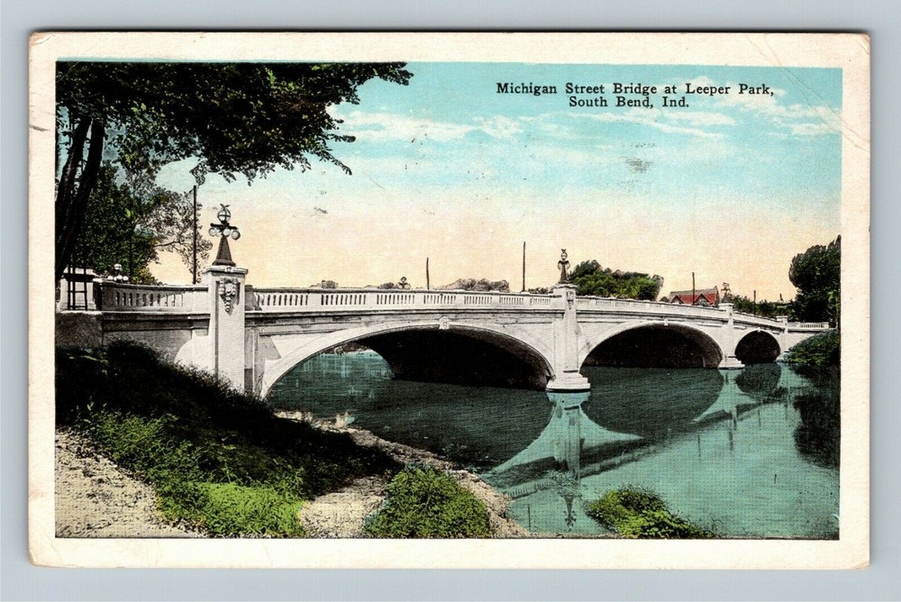 South Bend IN Indiana Michigan Street Bridge Leeper Park c1929 Vintage Postcard