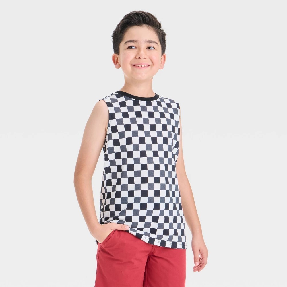 Cat & Jack Boys Size Large (10/12) Husky Tank Black/White Check Sleeveless NEW