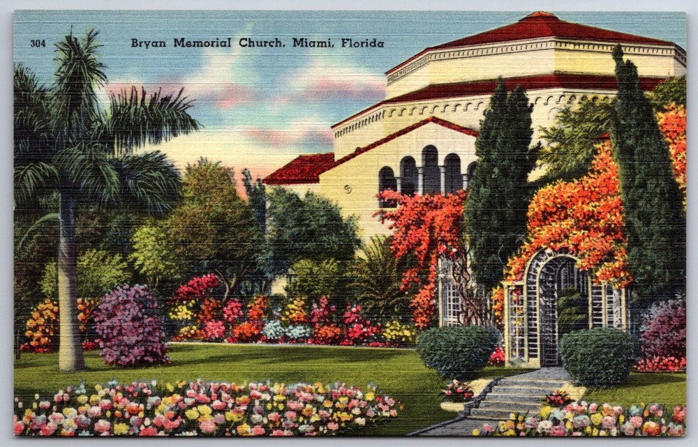 Miami Florida~Bryan Memorial Church Exterior View~Tichnor Vintage Linen Postcard