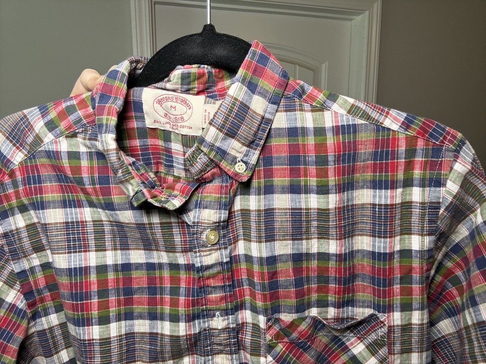Brooks Brothers Men's M Plaid Short Sleeve Button-Down Cotton Woven Shirt Red