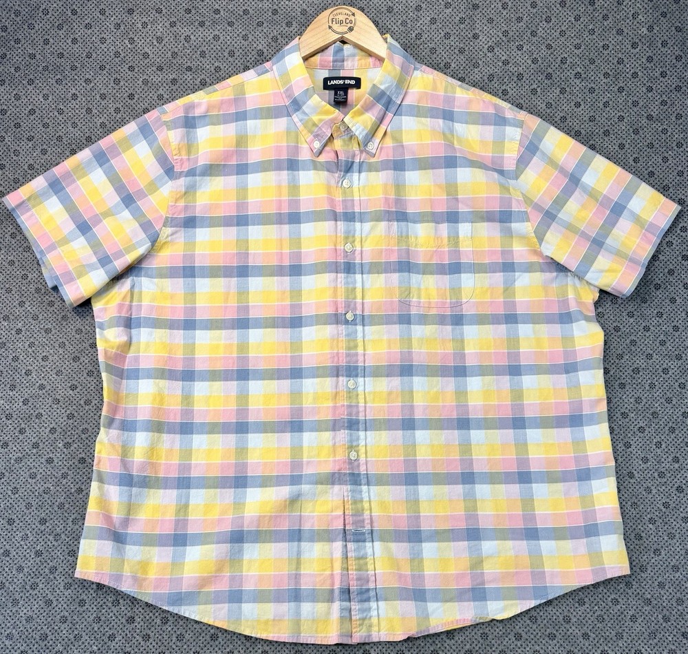 Lands End Button Shirt Men's XXL Plaid Traditional Fit Short Sleeve Pink, Yellow