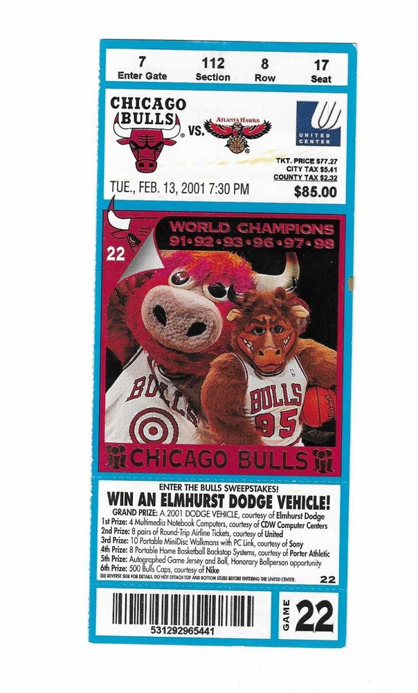 Chicago Bulls vs Atlanta Hawks Unused Basketball Ticket from 2/13/2001