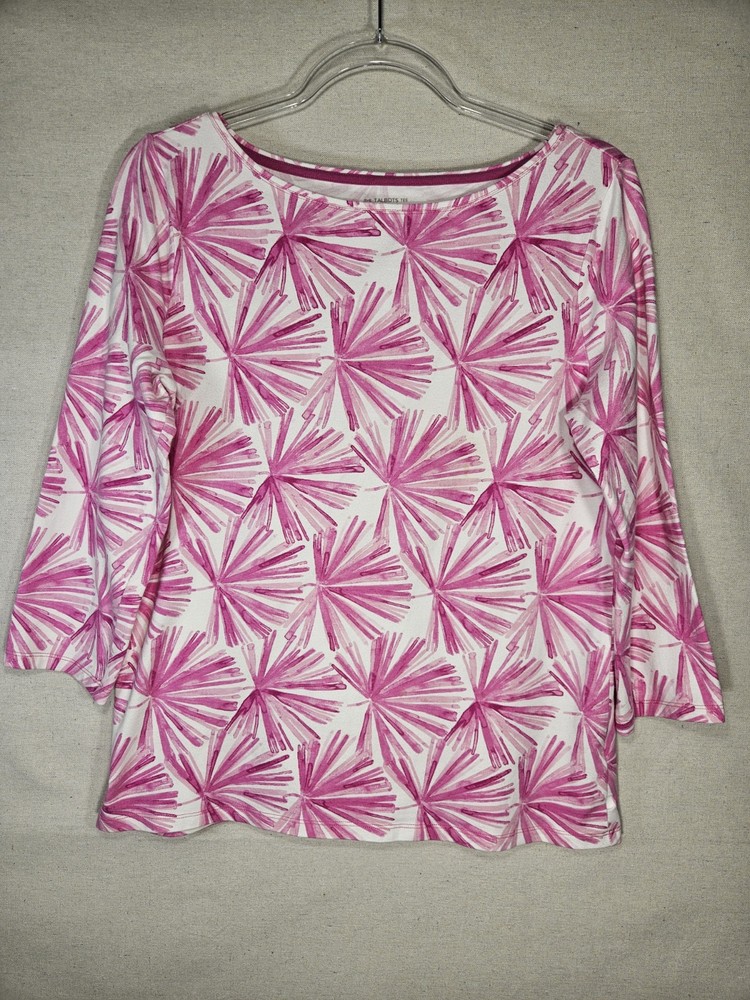 Talbots Women's Sz. M Tee Knit Top 3/4 Sleeve Wht & Pink Palm Trees Cotton Blend