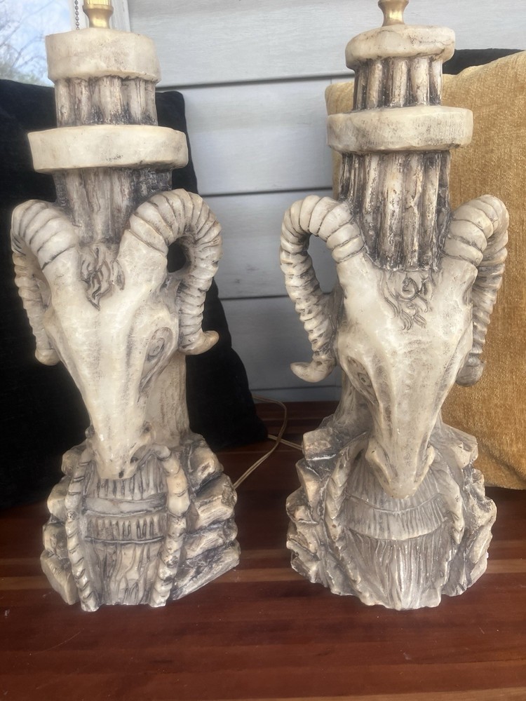 Vintage Alabaster Marble Ram Head Lamps Neoclassical Style Pair of 2