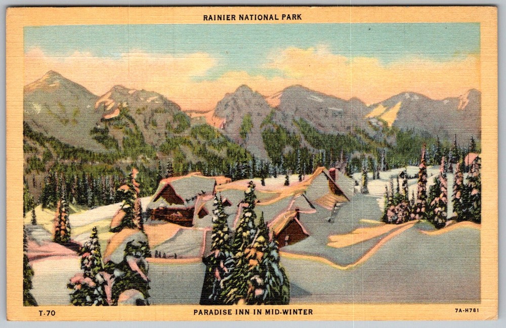 Vtg Linen Postcard Paradise Inn Rainier National Park, WA 1940s