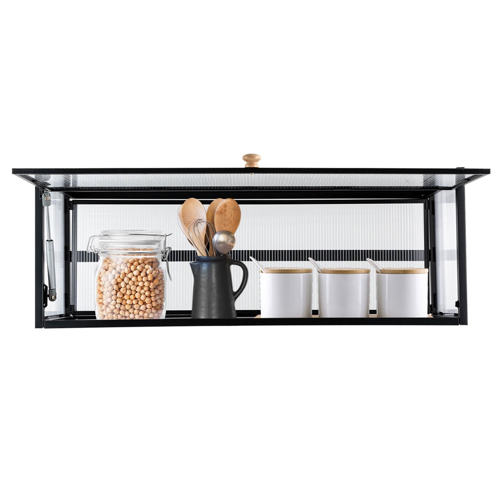Wall-mounted flip-up kitchen cabinet with translucent strip storage