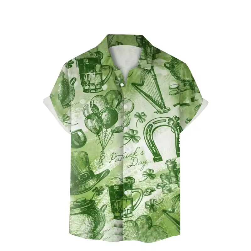St Patricks Day Hawaiian Shirt Lucky Clover Leaf Green Short Sleeve Holiday Top