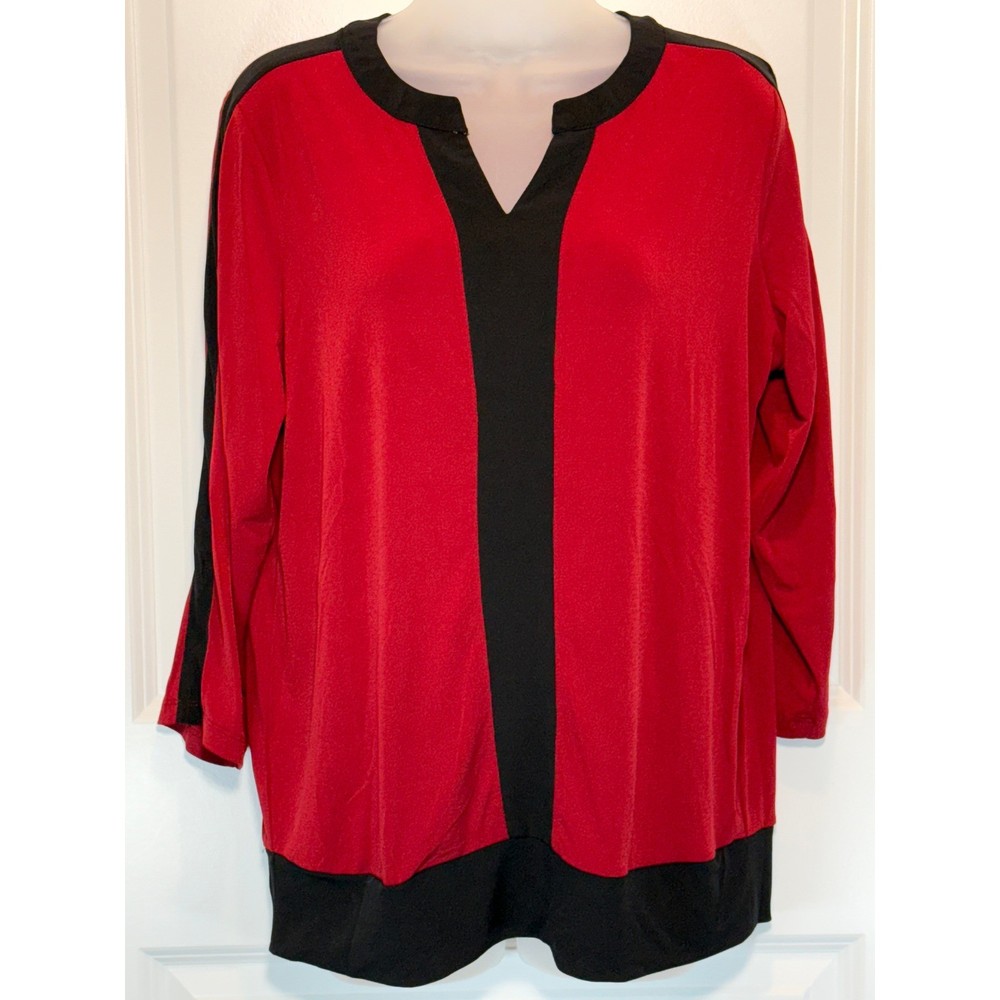 Susan Graver Colorblock V-Neck Top Women's Medium Red Black 3/4 Sleeve Career M