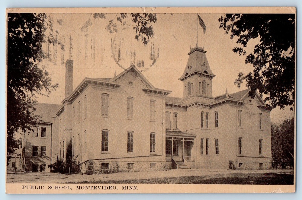 c1911 Montevideo Minnesota MN Vintage Postcard Public School Building View Flag