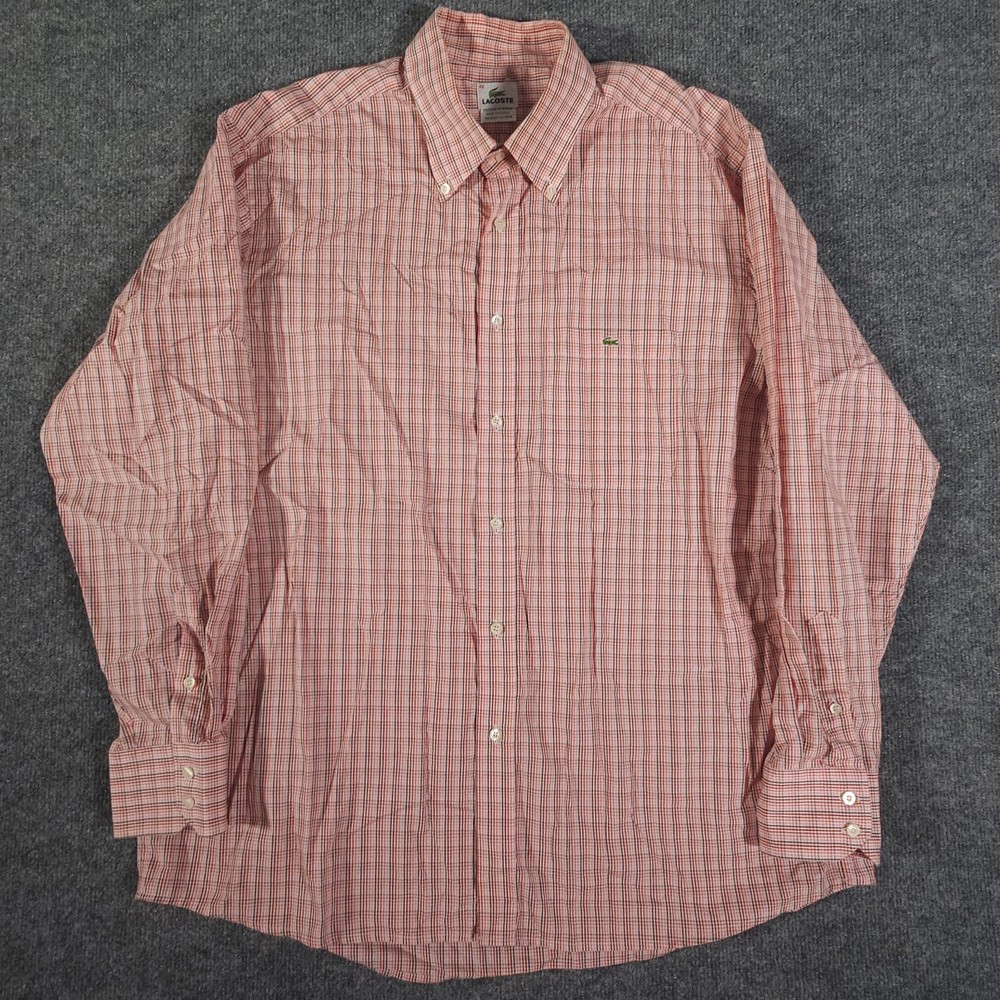 Lacoste Mens Shirt Size 46 Button Down White Red Pink Black Plaid Long Sleeve